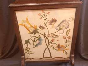 Freecycle Antique Wooden Fire Screen Embroidered Floral Design Vintage