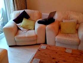 Freecycle Cream High Quality Leather Sofa and Two Armchairs with Padded ...