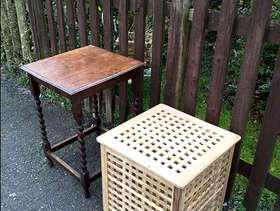Freecycle Barley twist table and okra wash basket