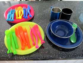 Freecycle Plastic Plates Cutlery and metal plate cup bowl