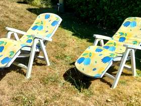 Freecycle Two folding garden loungers with removable cushions.