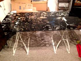 Freecycle Glass desk top with wrought iron style legs