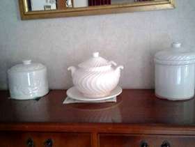 Freecycle Two large white biscuit barrels and punch bowl with ladle