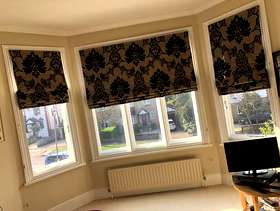Freecycle Roman Blinds Grey satin and Black damask