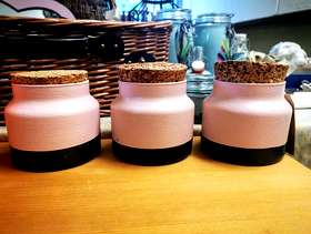 Freecycle Glass pink and black medium lightweight jars with cork lids