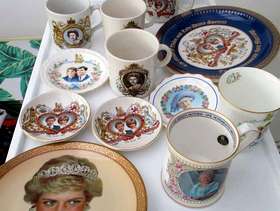 Freecycle 14 items Glass and China/Ceramic Royal Mugs, Plates, Glasses
