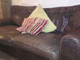 Freecycle 3 seater brown feather filled leather sofa