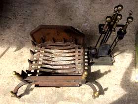 Freecycle Fireplace grate, back plate, ash pan, and fireside tools