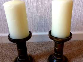 Freecycle Pair of Turned Wood Candle Holders & Large Candles