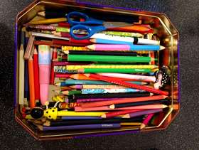 Freecycle Tin of pencils and colouring pencils & craft scissors - ...