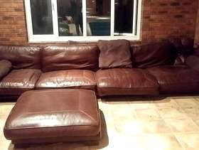 Freecycle Large brown leather lounger corner sofa with footstool