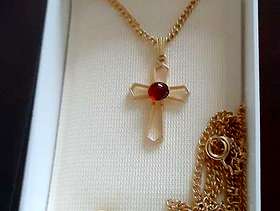 Freecycle New Gold Colour Cross & 24" Chain with Red Gemstone