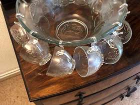 Freecycle Glass punch bowl and 12 glasses