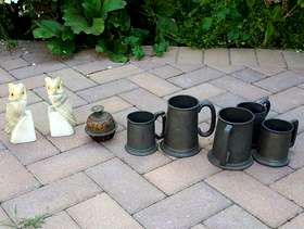 Freecycle Pewter tankards, marble owl book ends , bell