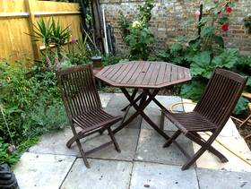 Freecycle Teak garden table and two chairs
