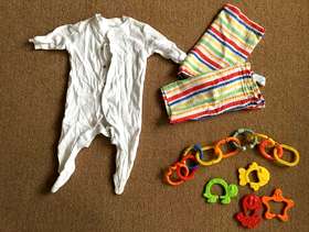 Freecycle New born baby gro, muslin clothes and pram, crib toy ...