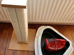 Freecycle Cat litter box, scratching pole and food