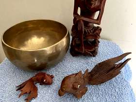 Freecycle Brass bowl and wooden items