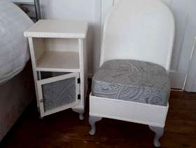 Freecycle Wicker chair (Lloyd Loom style) and side cabinet.